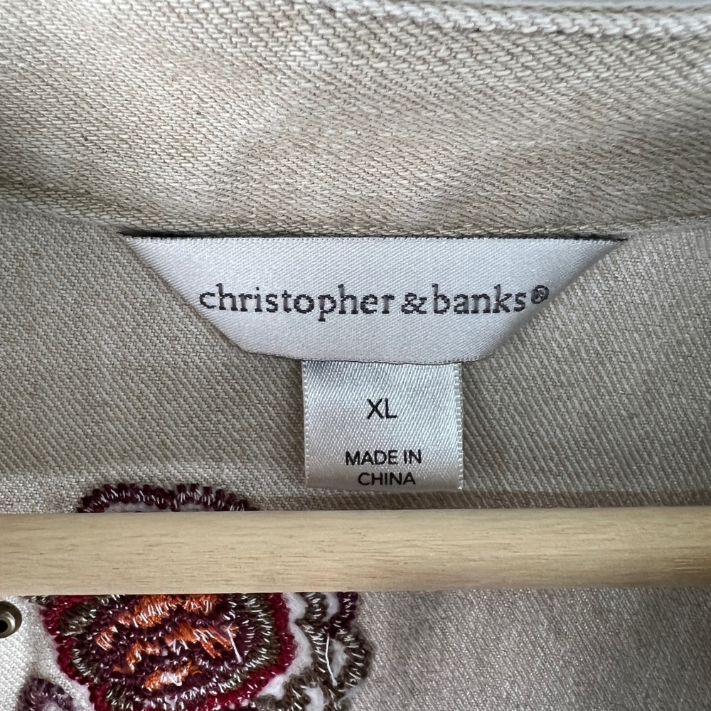 Christopher Banks Tan Denim Vest Embroidered Floral Butterfly Studded Size XL - Picture 6 of 14